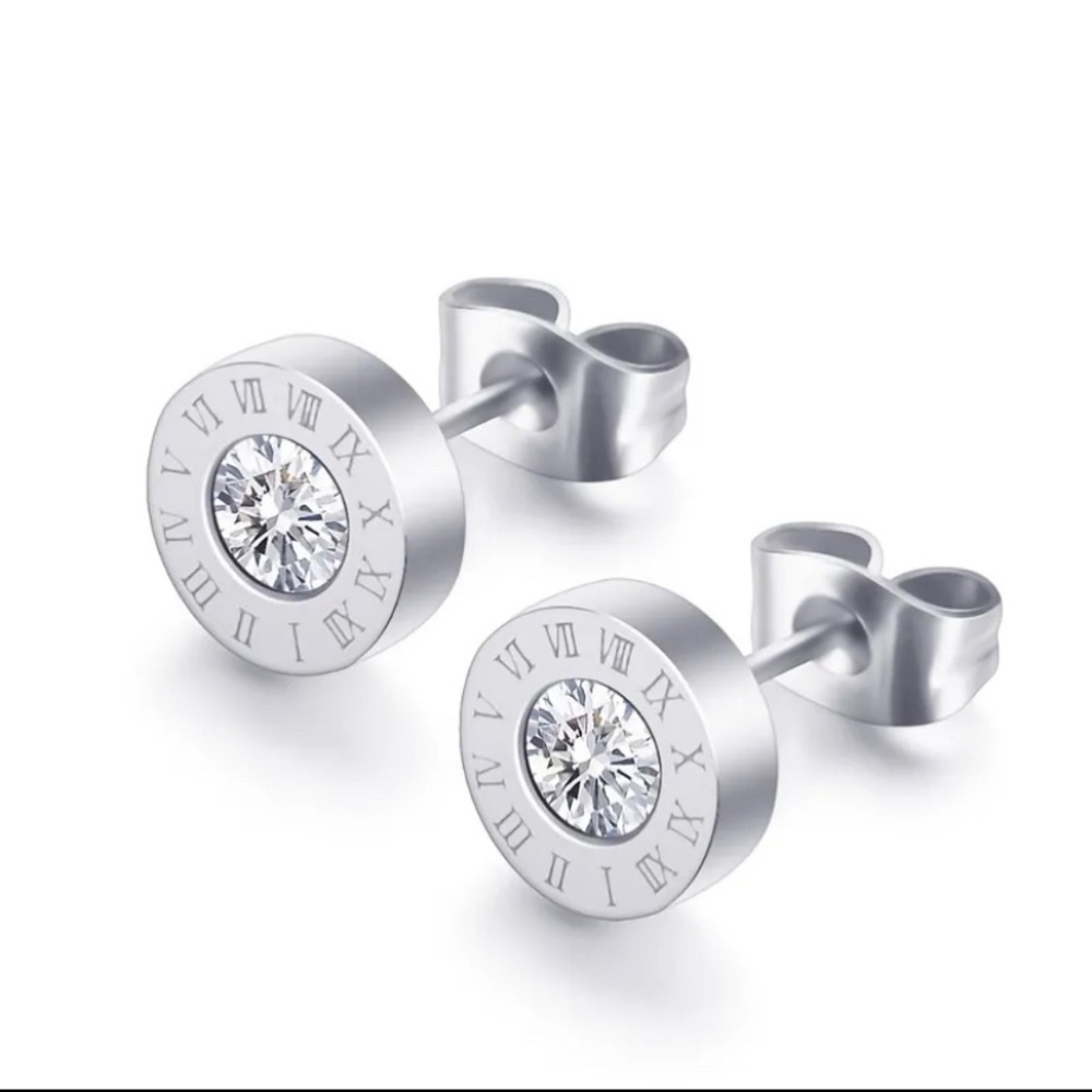 🆕 Roman Numeral Inlay with CZ & Stainless Steel Stud Earrings